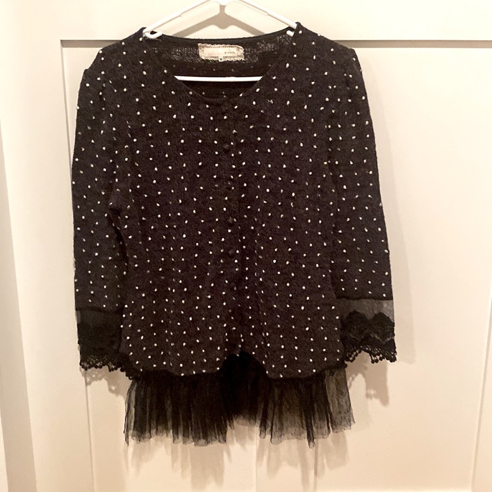 Unique grey sweater with fringe bottom. Brand A'reve size m button front now